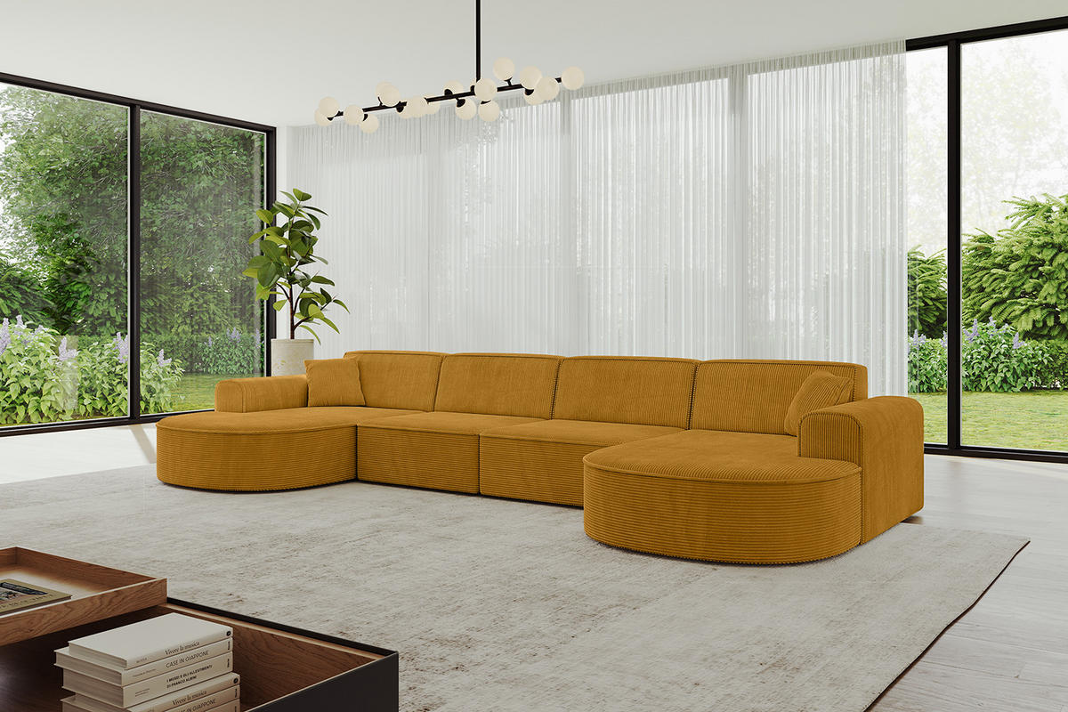 WOHNLANDSCHAFT MARI-U2 - 380x163x73,5 cm Senfgelb Cord - Gelb/Schwarz, Holzwerkstoff/Kunststoff (380/73.5/163cm) - ALTDECOR