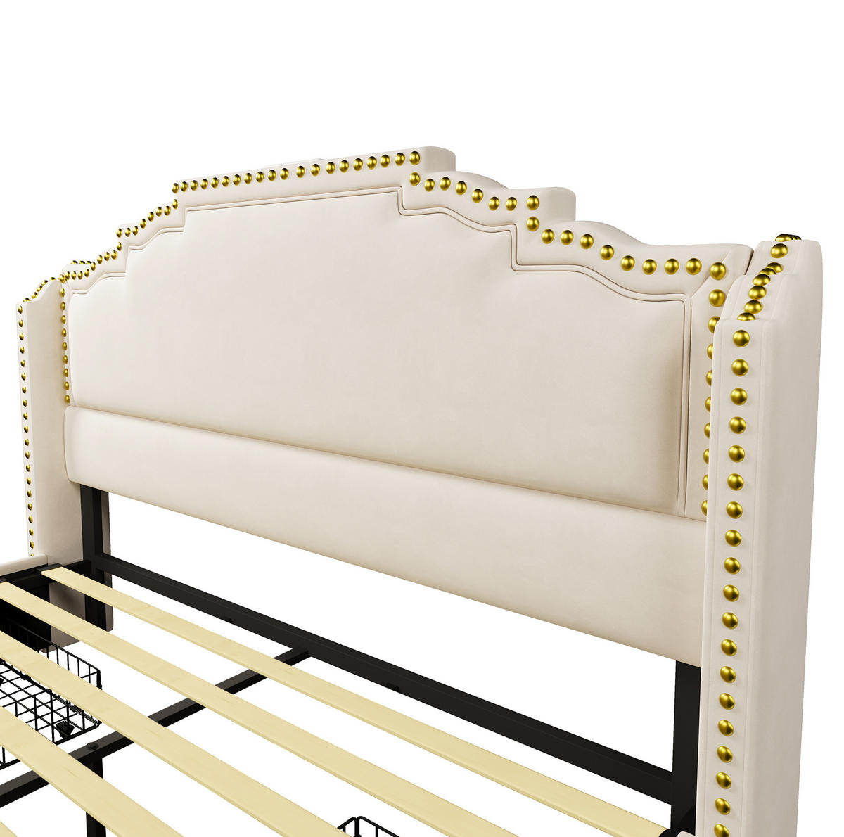 POLSTERBETT 140/200 cm Beige aus Samt mit Matratze, LED und 4 Schubladen - Beige, Textil (140/200cm) - OKMYHOME
