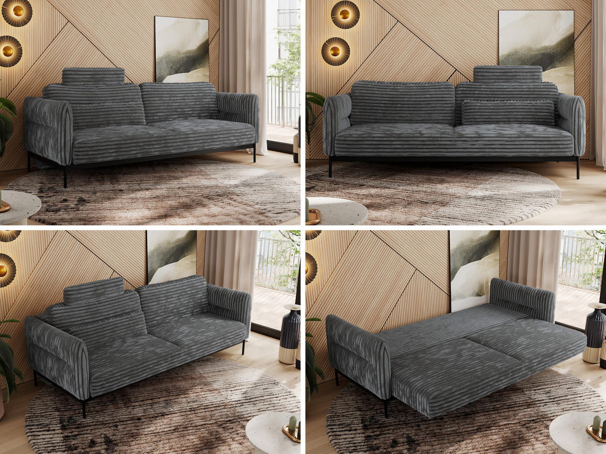 SOFA SALENTO Dunkelgrau Cord - Dunkelgrau/Schwarz, Textil/Metall (221/82/101cm) - MKS