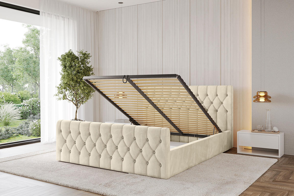 POLSTERBETT mit Bettkasten, Fußteil und Lattenrost, Boxbett ohne Matratze - RENO-Z 200x200 Beige - Ecru, Holzwerkstoff/Textil (200/200cm) - ALTDECOR