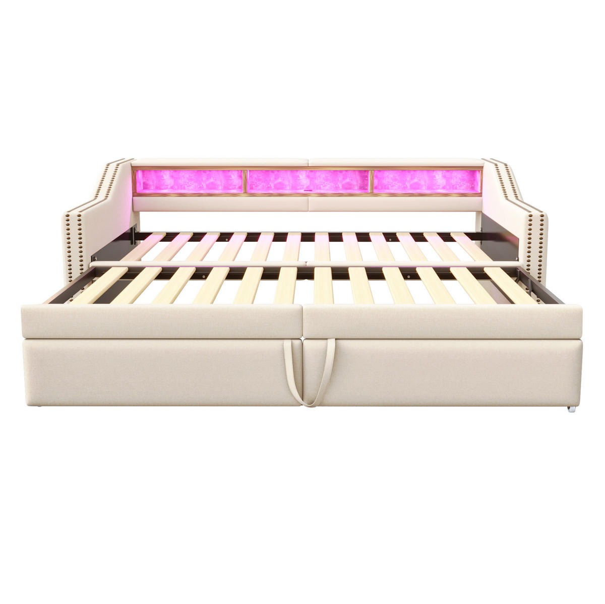AUSZIEHBETT 90/180 x 200 cm in Beige mit LED-Beleuchtung und USB-Anschluss - Beige, Textil (90/200cm) - Flora Grace
