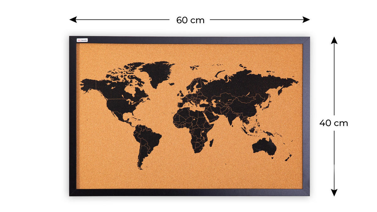 KORKTAFEL WELTKARTE, lackierter Holzrahmen, SCHWARZ, 60x40 cm - Braun, Holz (60/40/2cm) - ALLboards