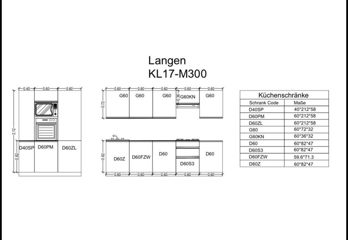 KÜCHENZEILE 300 cm - Langen KL17-M300 - in Grau / Matt - Grau, Holz (460/212/58cm)