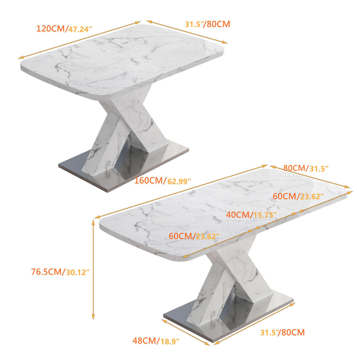 JÍDELNÍ stůl 120-160/80/76,5 cm bílý z MDF a oceli s rozkládací deskou - bílá, kompozitní dřevo (160/80/76.5cm) - OKWISH