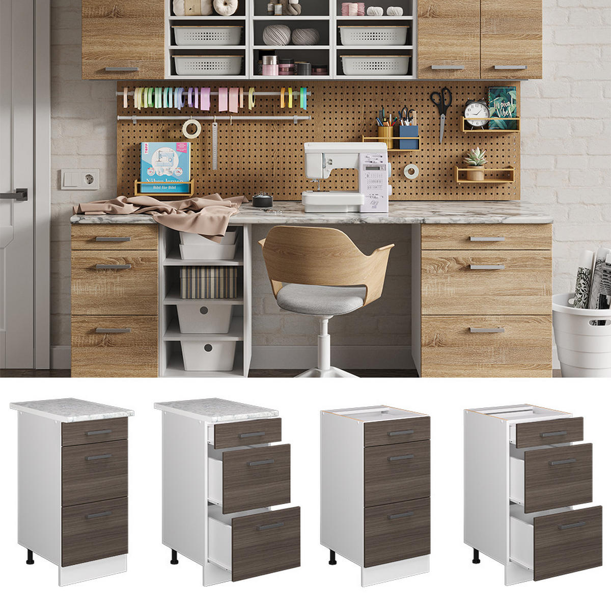 UNTERSCHRANK R-Line Grau 40 cm mit Schubladen - Weiß/Grau, Holzwerkstoff (40/81.6/60cm) - Vicco