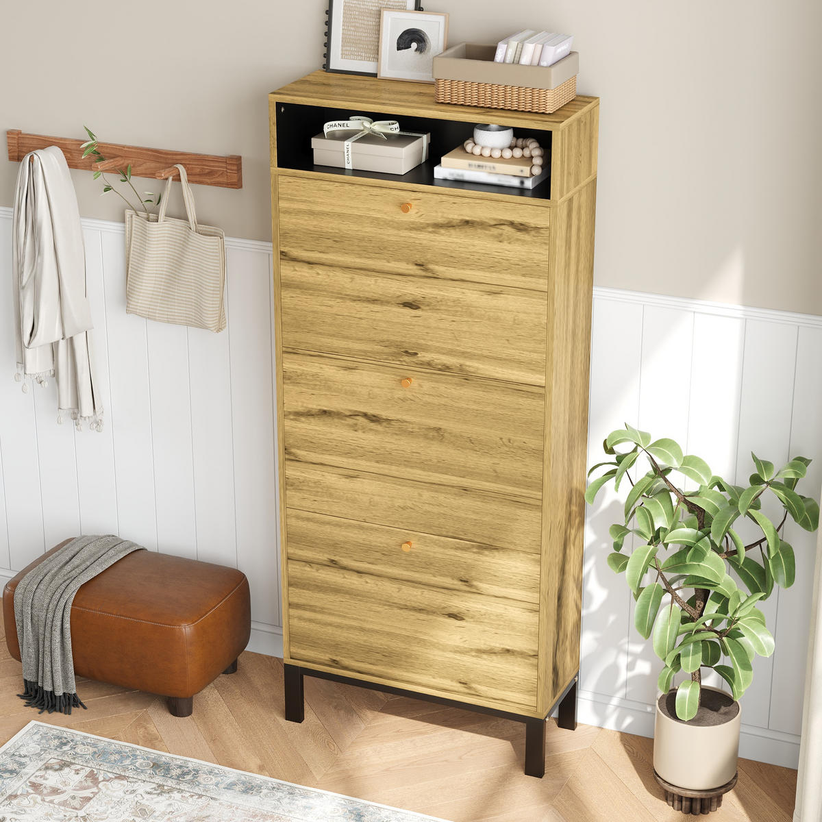 SCHUHSCHRANK aus MDF 63x24x147cm in Natur mit 3 Klappen - Naturfarben, Holzwerkstoff (63/147/24cm) - Modfu