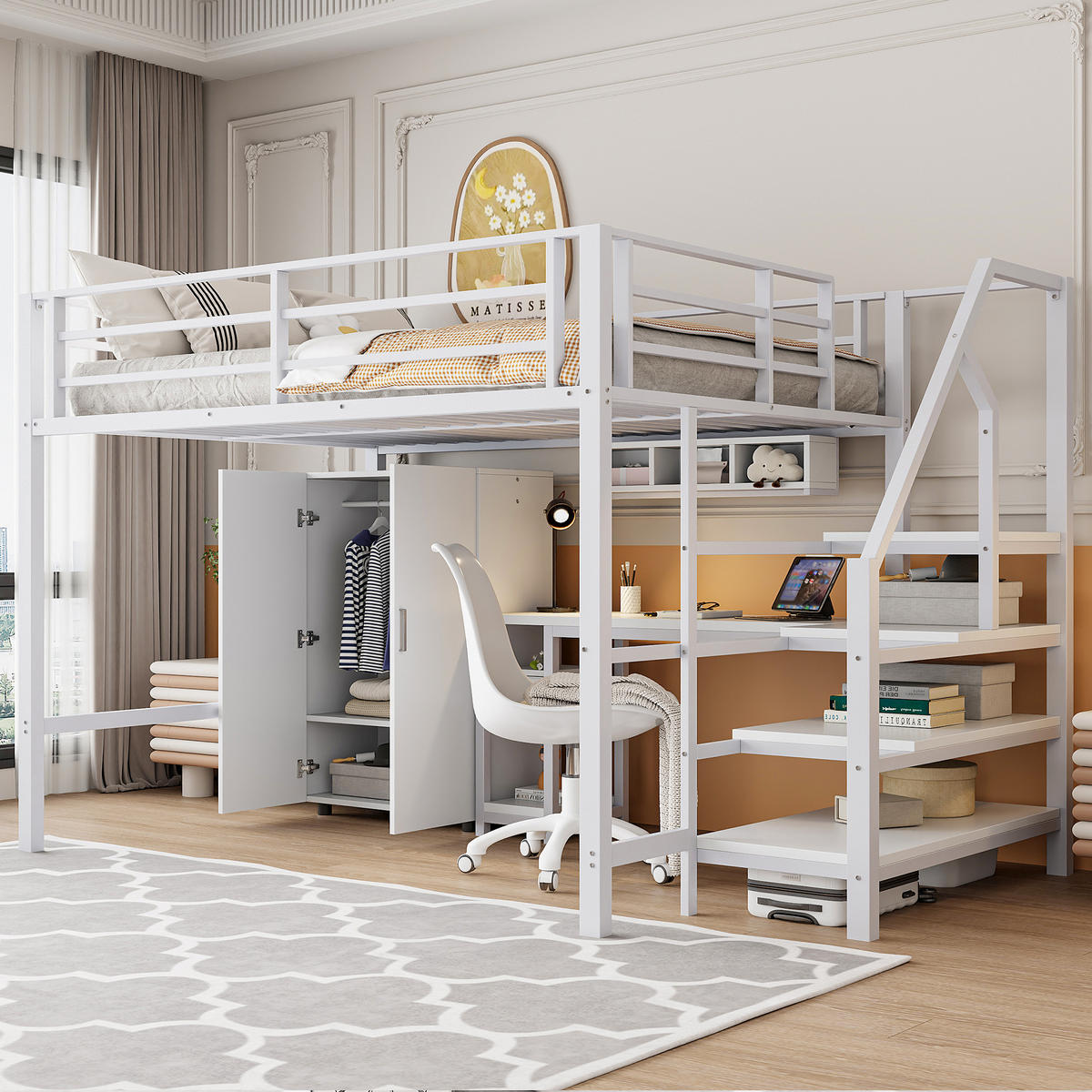 HOCHBETT 140x200cm Weiß Kleiderschrank Regale Ablageleiter Schreibtisch - Weiß, Metall (140/200cm) - FLIEKS