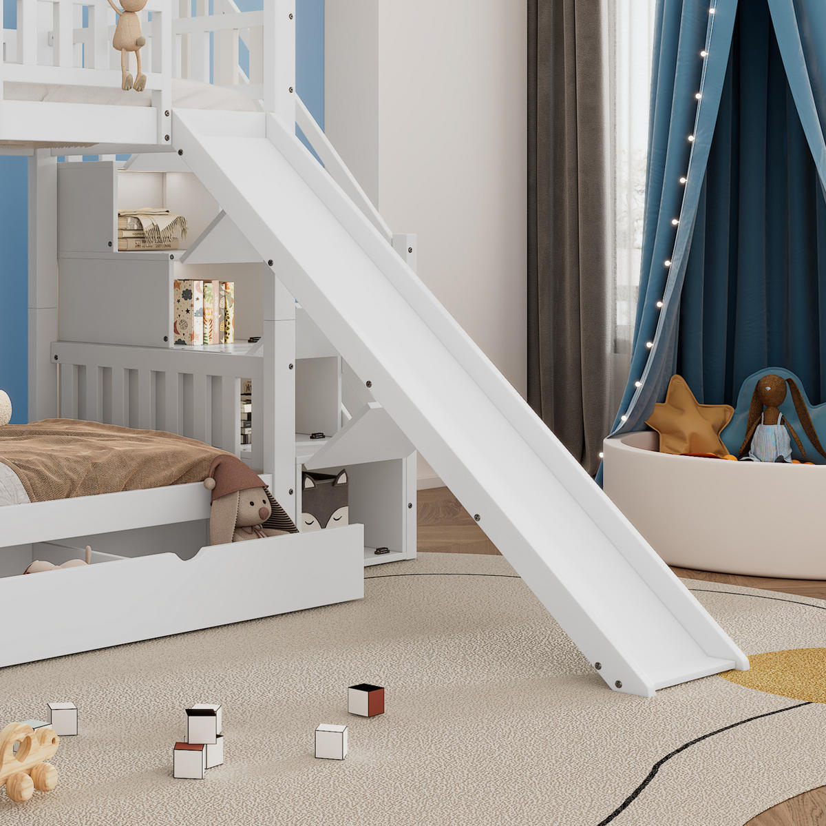 ETAGENBETT aus Kiefernholz und MDF 90x200 cm Weiß mit Stauraumtreppe, Rutsche und Schublade - Weiß, Holzwerkstoff (90/200cm) - IVMEU