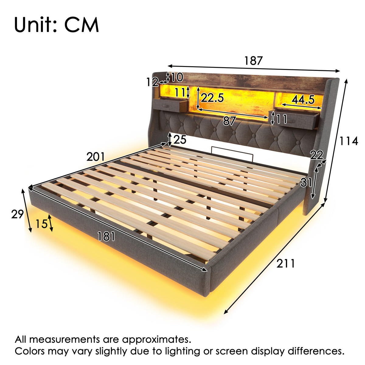 POLSTERBETT 180/200 cm mit LED-Beleuchtung, USB und Type-C, Stauraum-Kopfteil aus Leinen, Grau - Grau, Textil (180/200cm) - Redom