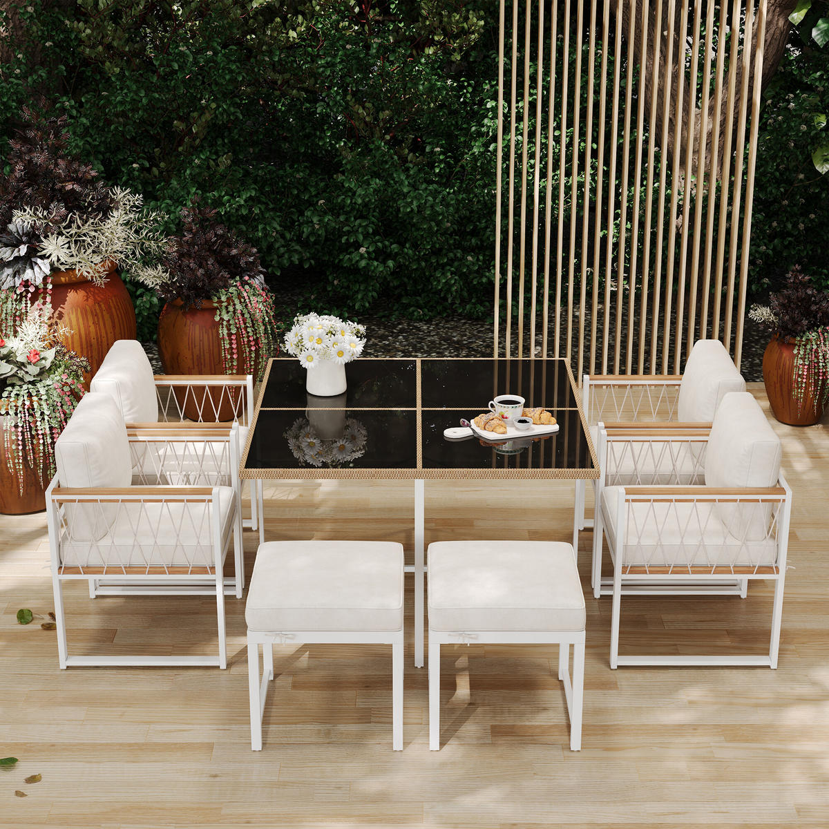 GARTENTISCH- UND STUHLSET Weiß 7tlg - Creme, Glas/Holzwerkstoff - Urban Meuble