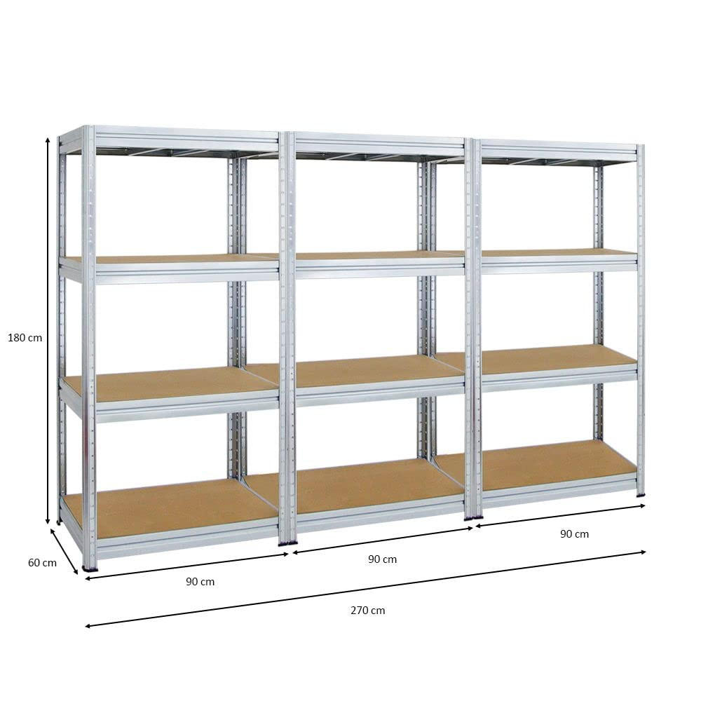 SCHWERLASTREGAL Dino 3er-Set mit 3x 180x90x60 cm Fachlast 600 kg Verzinkt - Silberfarben, Metall (270/180/60cm) - PROREGAL