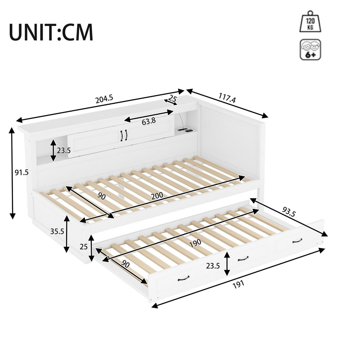 POLSTERBETT aus Spanplatte und MDF 90x200 cm in Weiß mit LED & Ausziehbett - Weiß, Holzwerkstoff (90/200cm) - Modfu