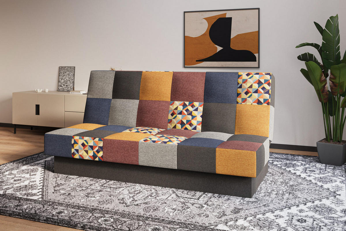 SCHLAFSOFA - Cyprus patchwork - Weinrot + Gelb - Weinrot, Holz (192/85/92cm) - Möblo