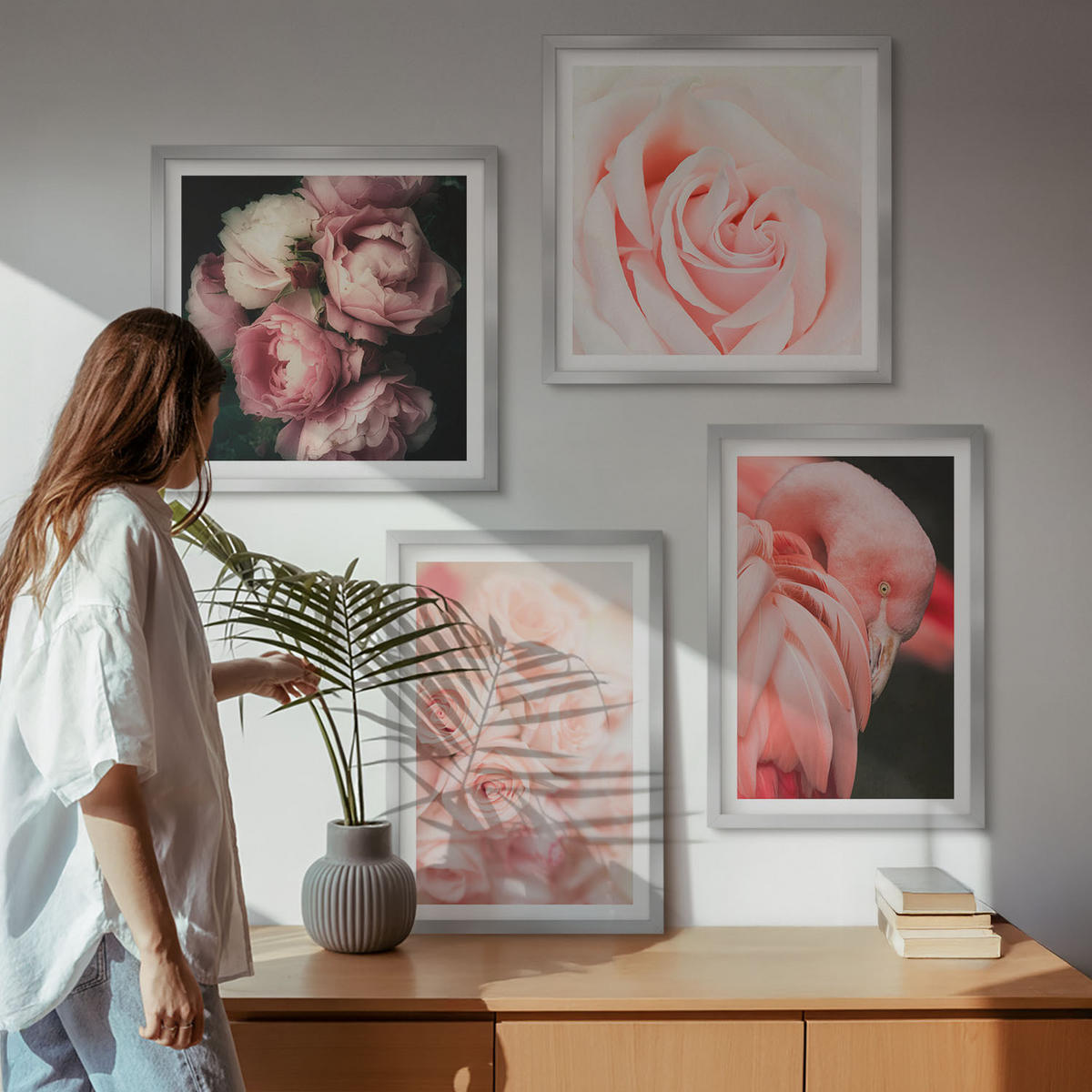 WANDBILDER 4er Set - 50x50 cm & 40x60 cm Silberner Rahmen - Pastellrosa Flamingos - Silberfarben, Kunststoff (50/50cm) - ArtPrintCave