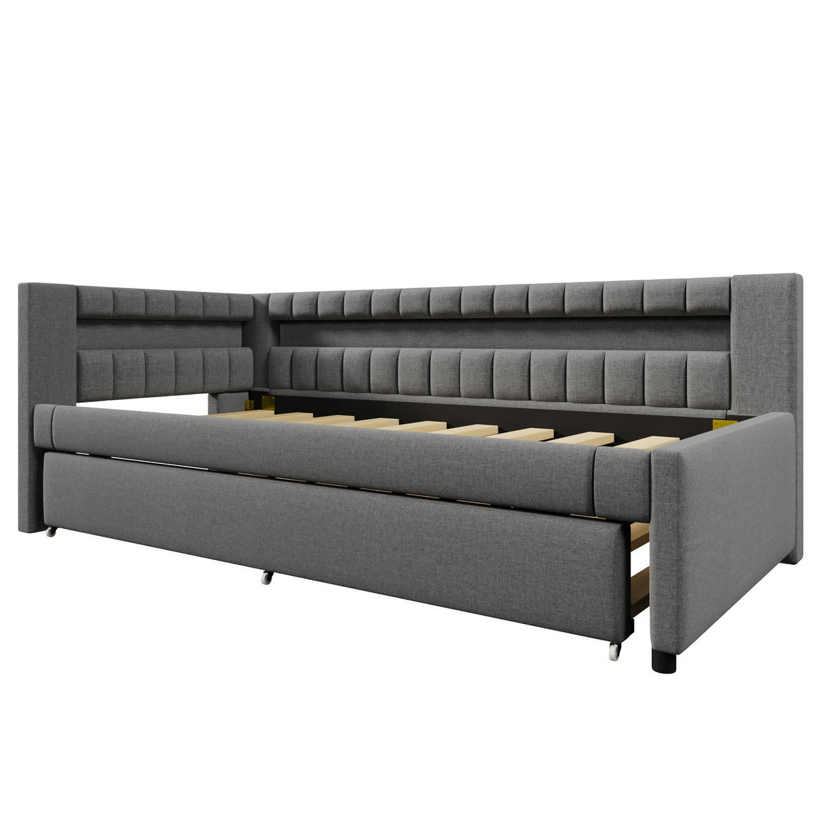 POLSTERBETT 90/200 cm Grau aus Leinen mit Ausziehbett und LED-Beleuchtung - Grau, Textil (90/200cm) - OKMYHOME