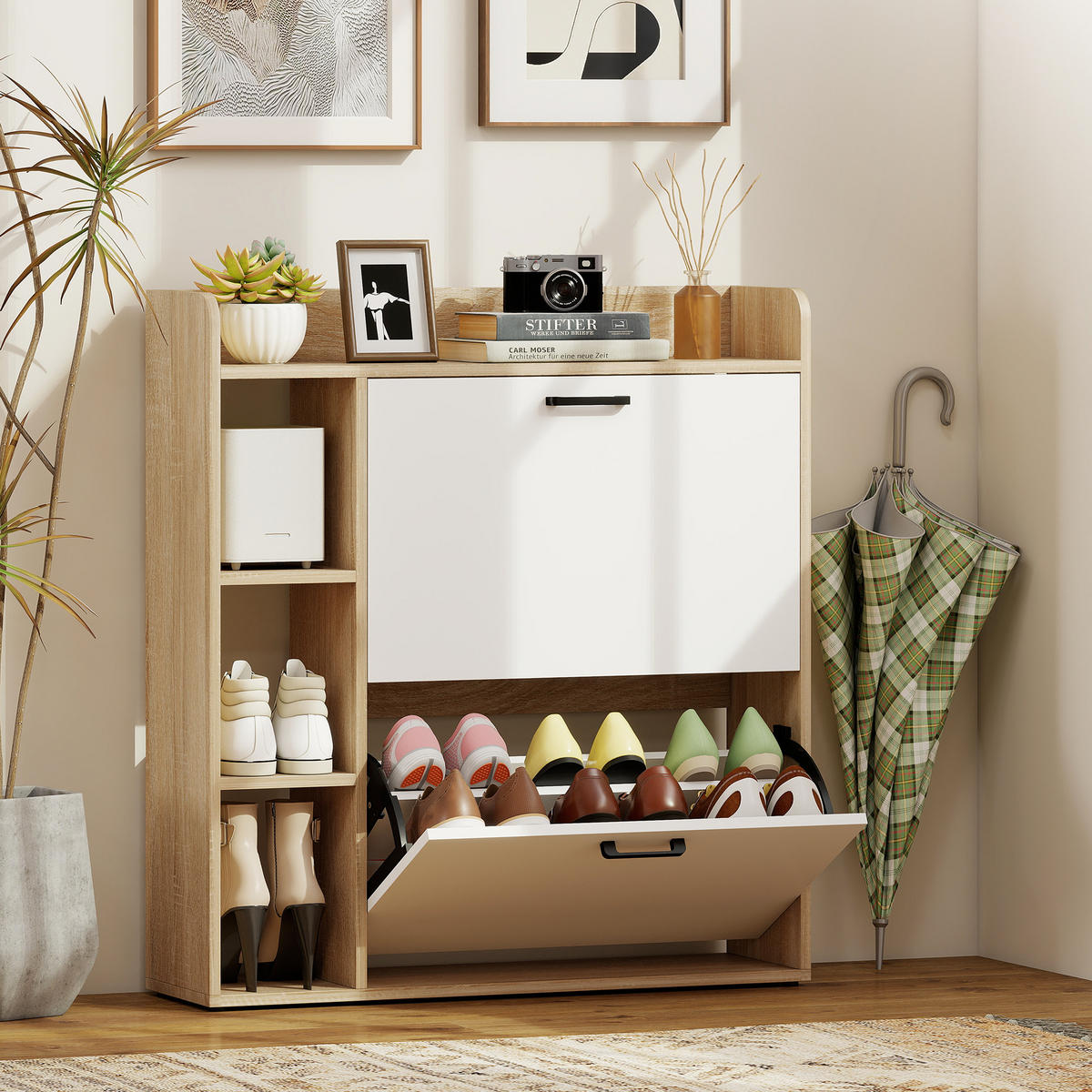 SCHUHKIPPER DE-15068 2 Klapp-Schubladen, 3 Seitenfächer, für 15 Paar Schuhe Naturholz - Naturfarben, Holzwerkstoff (83/90.5/24cm) - ComfortXL