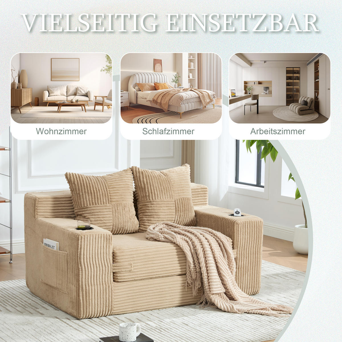 1,5-SITZER ausklappbar, Getränkehalter/Seitentasche, Cord, Hellbraun - Hellbraun, Textil (133/64/87cm) - LVHOM