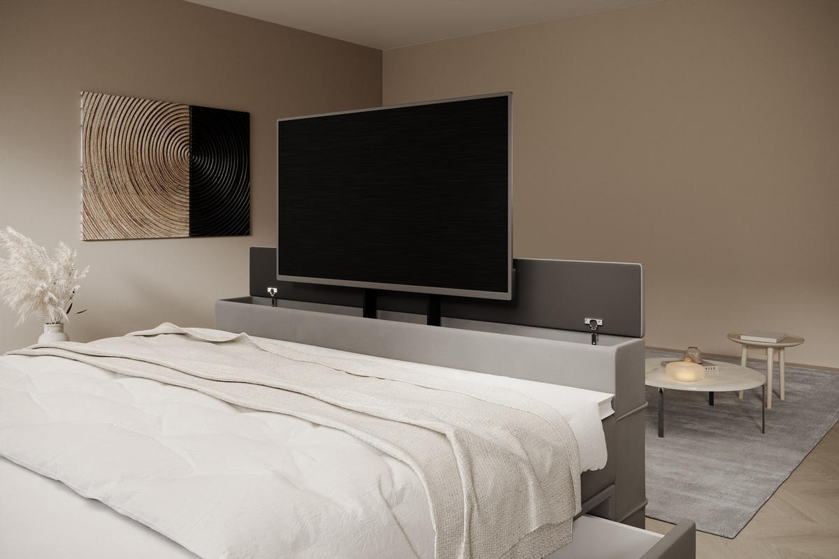 BOXSPRINGBETT Arosa TV mit Schubladen und Topper, TV-Lift, LED Beleuchtung, Samt, 180x200 cm, Grau - Grau, Holz - PROMETO Möbel