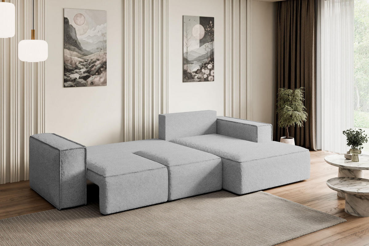 ECKSOFA mit Schlaffunktion und Bettkasten SERRA-L-S - 266x161x87 cm Hellgrau Bouclé - Hellgrau/Schwarz, Holzwerkstoff/Kunststoff (266/161cm) - ALTDECOR