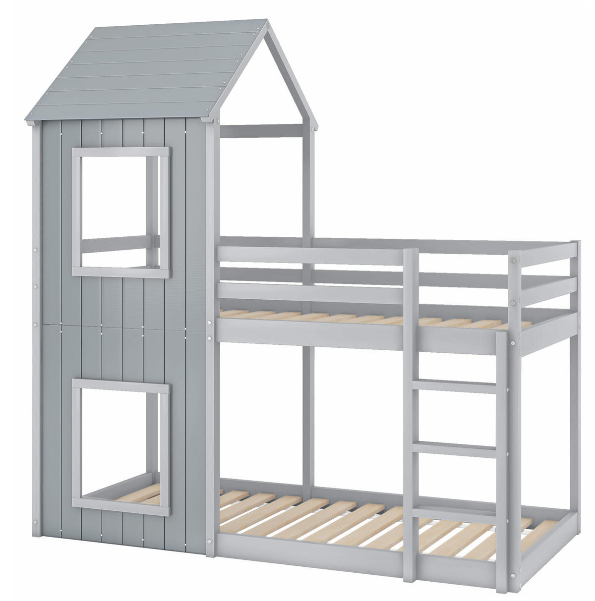 HAUSBETT 90/200 cm Grau aus Kiefer massiv mit Leiter und Sicherheitsgeländer - Grau, Holzwerkstoff (90/200cm) - Flora Grace