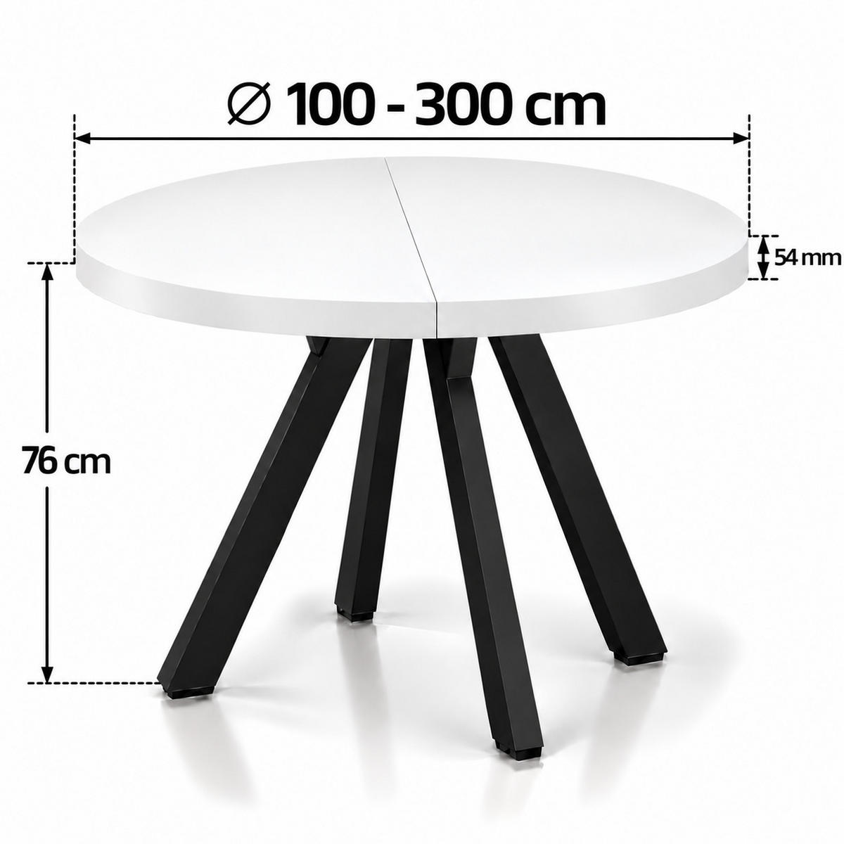ESSTISCH rund ausziehbar 100/300/76 cm, Weiß, 54 cm Tischplatte + Y Metallgestell Schwarz - Schwarz/Weiß, Holzwerkstoff/Metall (100/300/76cm) - Damale Möbel