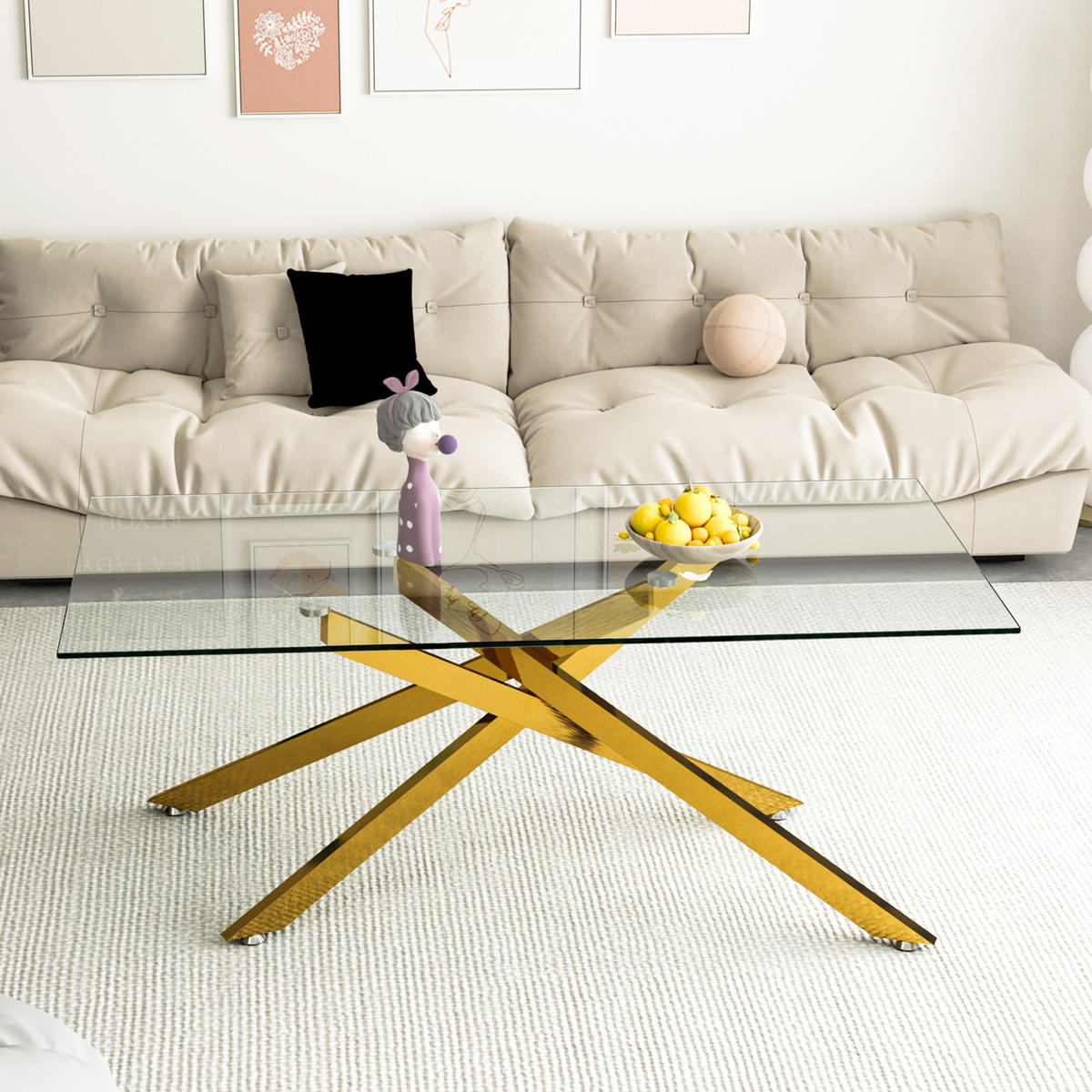 COUCHTISCH DE-37412 120 cm rechteckig mit Glasplatte Gold/Transparent - Goldfarben, Metall (120/60/46cm) - ComfortXL