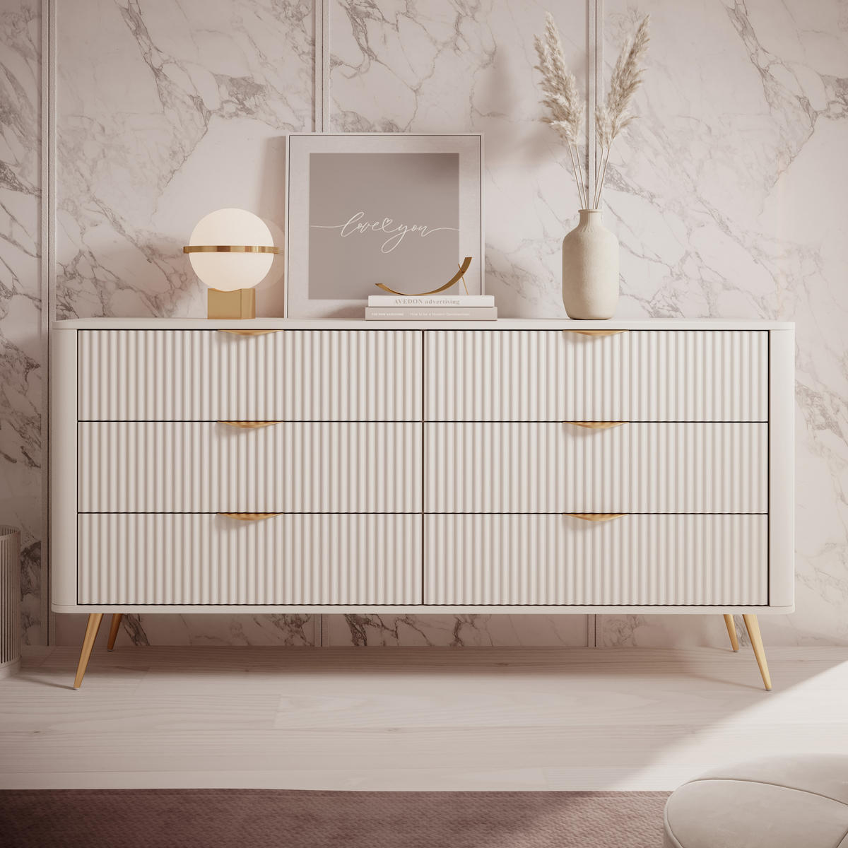 SIDEBOARD Vespasia 6S Beige 163,2/81,2/38 cm – Geriffelten Fronten - Beige/Goldfarben, Holzwerkstoff/Metall (163/81.2/38cm) - AX Living