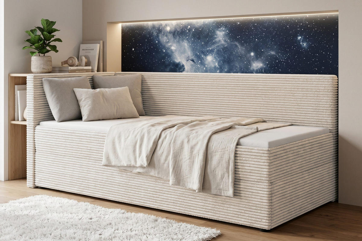 BOXBETT ROBERTO 90/200 in Cord Ecru H4 links - Ecru, Holz/Holzwerkstoff (90/200cm) - Deine Möbel 24
