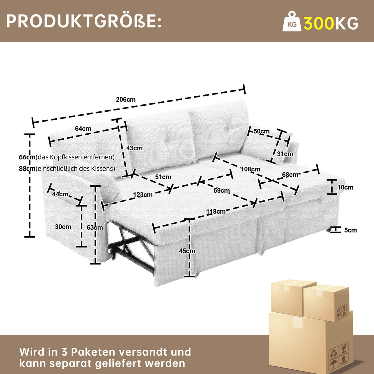 ECKSCHLAFSOFA Cord mit Stauraum und umbaubarer Ottomane Beige 206/108/66 cm - Beige, Textil (108/206cm) - Redom