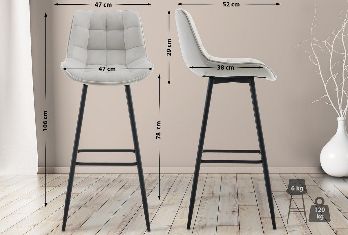 BARHOCKER Dartford 106x47x52 cm grau - Grau, Textil (47/106/52cm) - furnicato