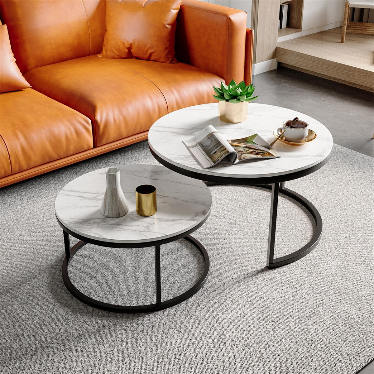COUCHTISCH 2er-Set - Runder Beistelltisch in Marmoroptik Weiß mit Metallgestell - Schwarz - Schwarz, Holzwerkstoff (80/80/45cm) - DELFA