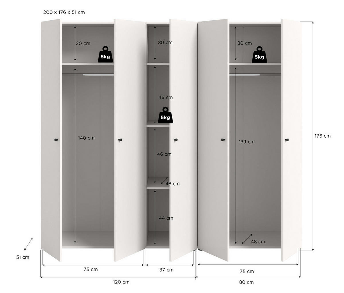 KLEIDERSCHRANK weiß 5-türig 200 cm, Drehtürenschrank mit zusätzlichen Einlegeböden - Schwarz/Weiß, Holzwerkstoff/Kunststoff (200/176/51cm) - Inn.Furn