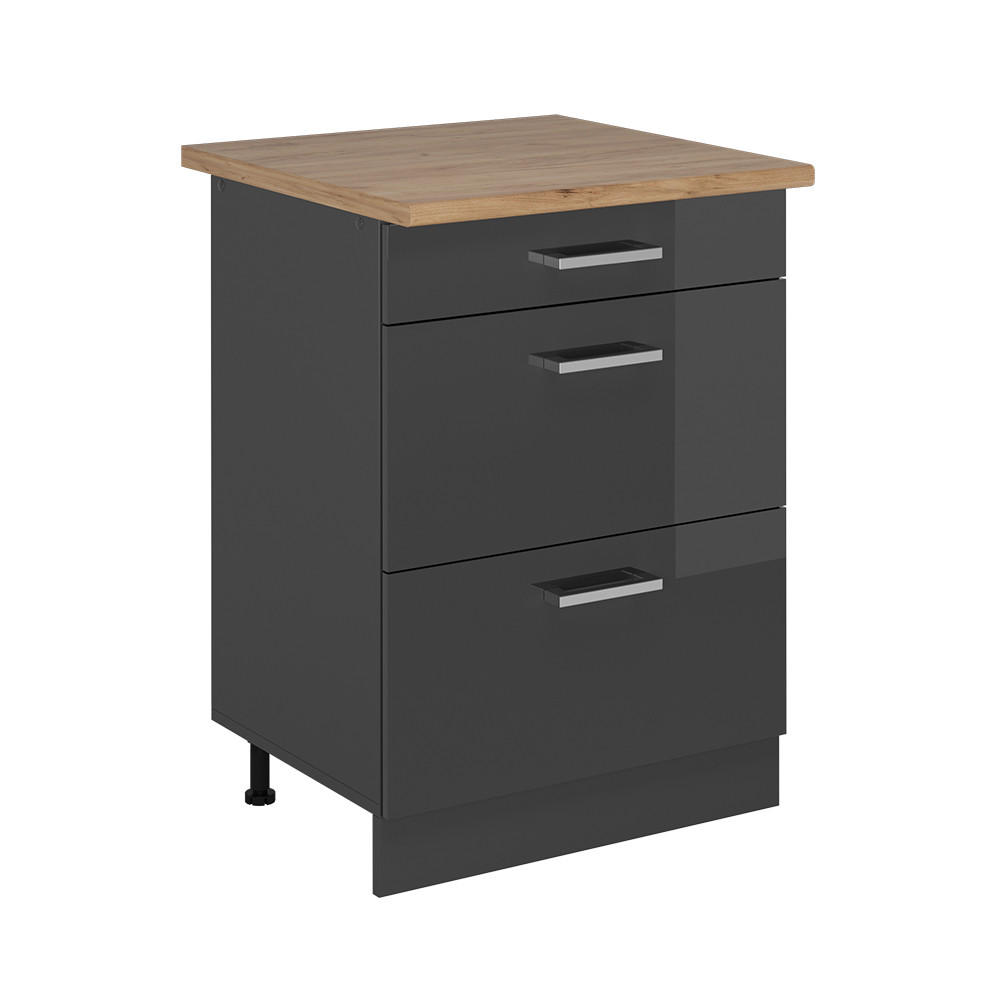 KÜCHENUNTERSCHRANK R-Line Anthrazit Hochglanz 60 cm mit Schubladen, AP Eiche - Schwarz Hochglanz/Anthrazit, Holzwerkstoff (60/81.6/60cm) - Vicco