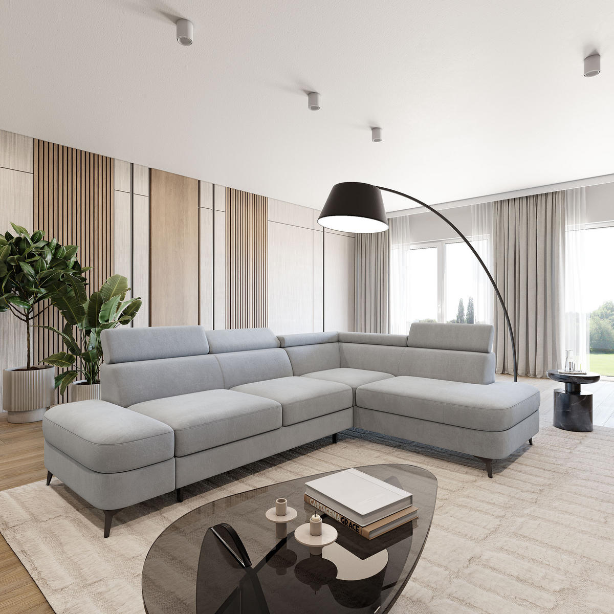 ECKSOFA AVISE MV R-S Hellgrau Velours-Stoff mit Schlaffunktion - Hellgrau, Holzwerkstoff/Textil (268/195cm) - MASSENO