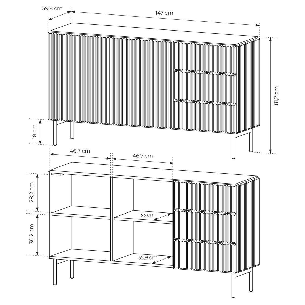 SIDEBOARD TRATTO 147/81,2/39,8cm mit 3 Schubladen 2 Türen Schwarz - Schwarz, Holzwerkstoff (147/81.2/39.8cm) - MASSENO