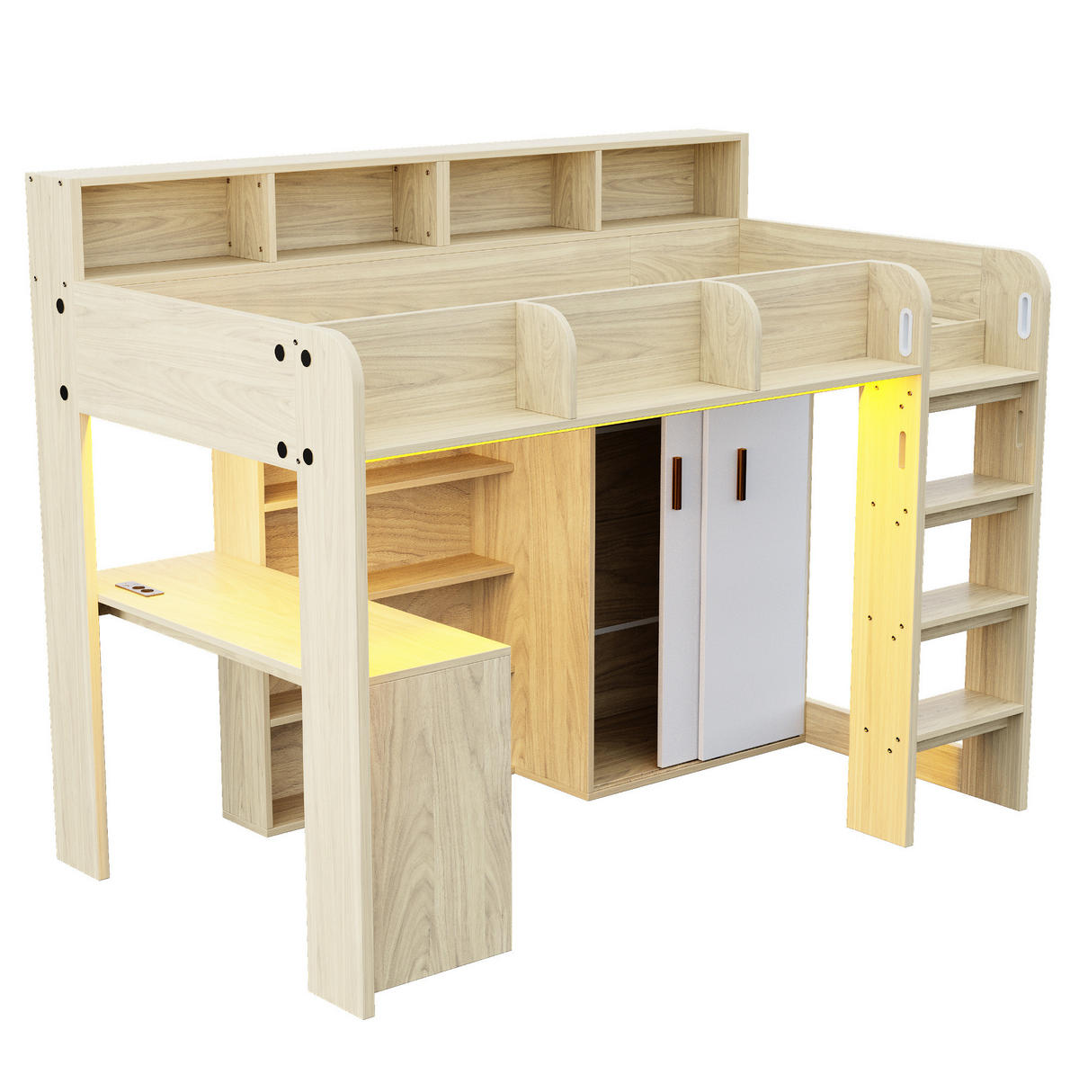HOCHBETT aus MDF, Spanplatte und Sperrholz 90x200 cm Holzfarbe mit Schreibtisch, Kleiderschrank, LED-Beleuchtung und Steckdose - Naturfarben, Holzwerkstoff (90/200cm) - Modfu