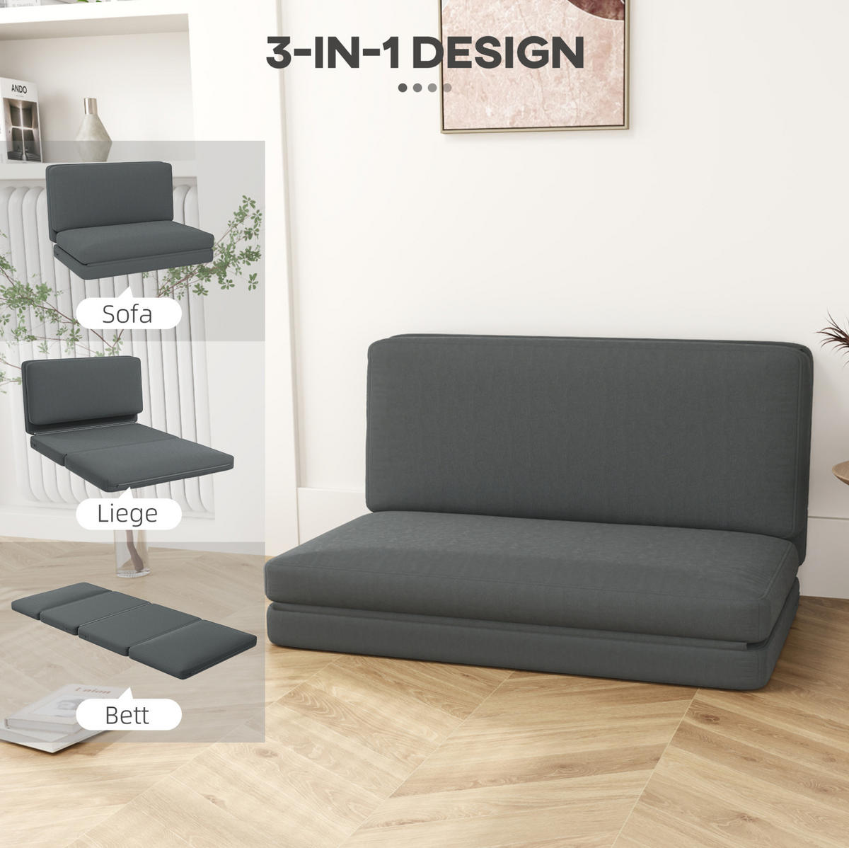 SCHLAFSOFA 138/270 cm Liegefläche in Dunkelgrau – faltbar und platzsparend - Dunkelgrau, Textil (138/10/270cm) - BEAOK