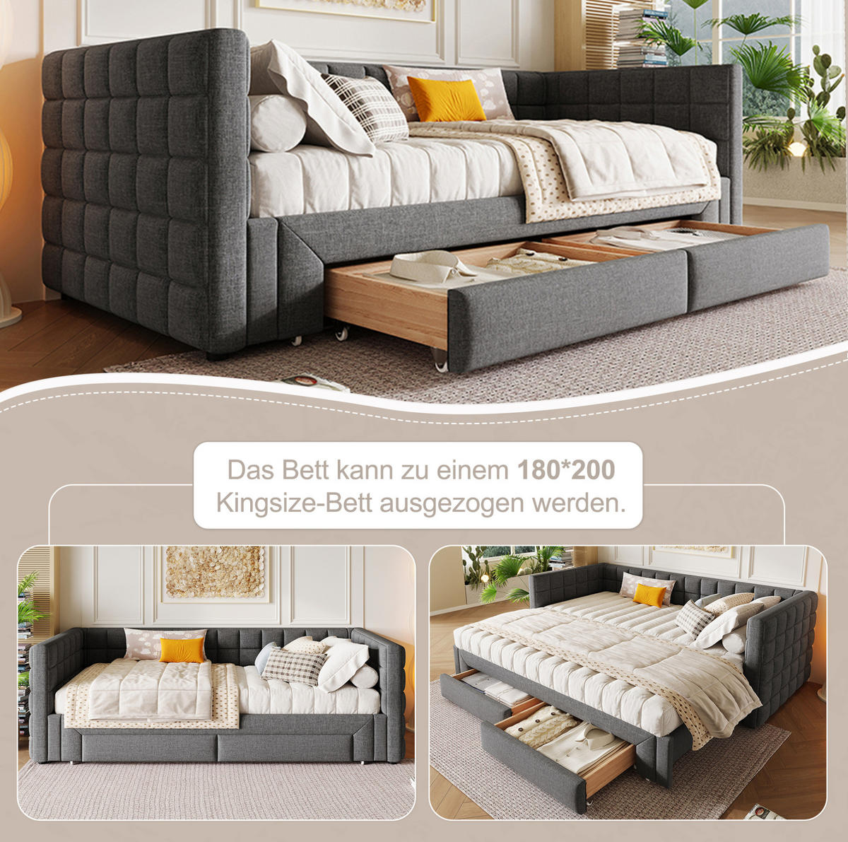 ROZKLADACIA posteľ 90/200 cm sivá zo zamatu a MDF s hranatým operadlom, výsuvným lôžkom a 2 zásuvkami - sivá, textil (90/200cm) - OKWISH