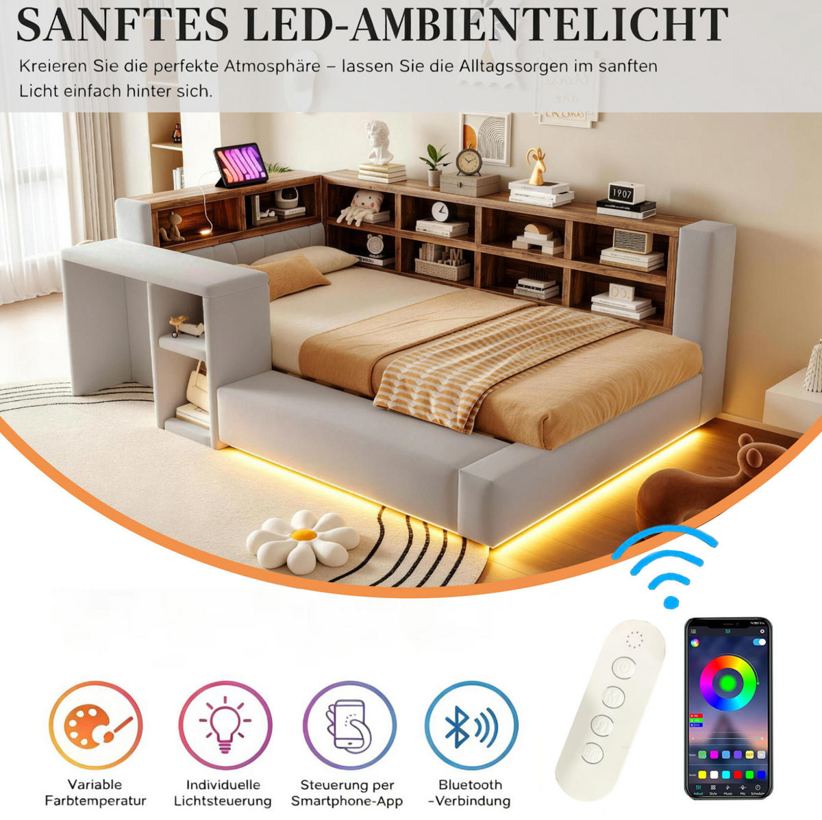 POLSTERBETT 90/200 cm aus Samtstoff mit LED und Steckdosen Hellgrau - Hellgrau, Textil (90/200cm) - OKMYHOME