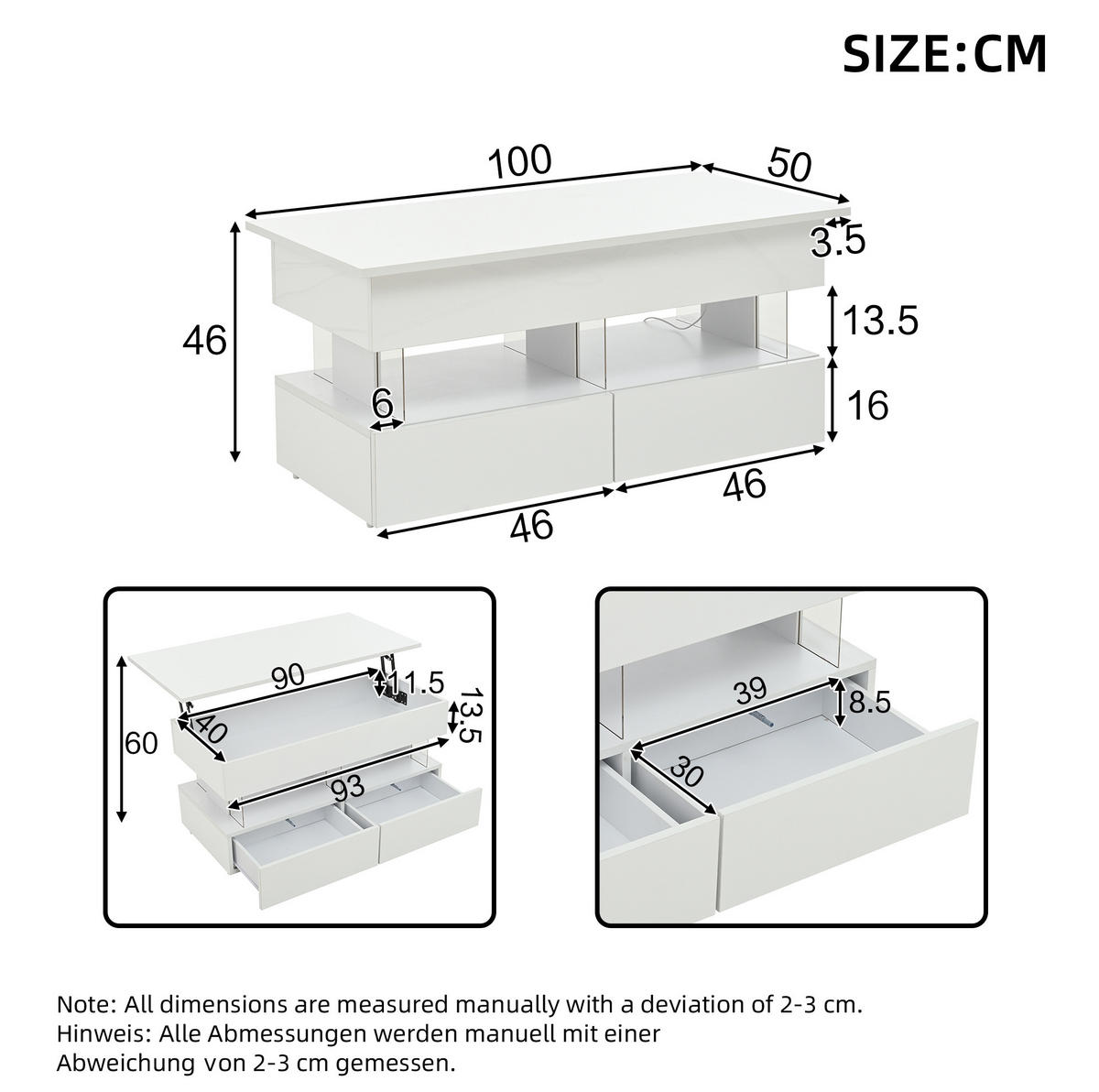 COUCHTISCH höhenverstellbar 100 x 50 x 46 cm Weiß mit 2 Schubladen und LED - Weiß, Wellpappe (100/50/46cm) - Meubliv