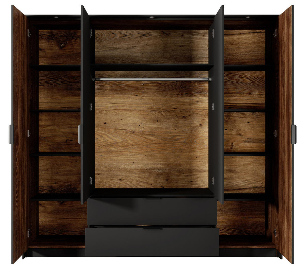 KLEIDERSCHRANK 225 cm mit LED Taviano, 4 Türen, Spiegel - Eichefarben, Holz (223/210/59cm) - Emporius