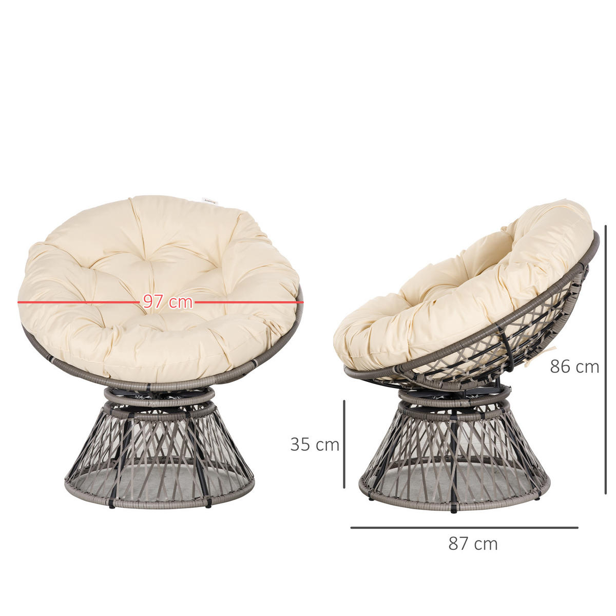 PAPASANSESSEL mit Polster 360 Grad Rattan Beige B87 x T97 x H86 cm - Beige, Kunststoff (97/90/87cm) - Outsunny