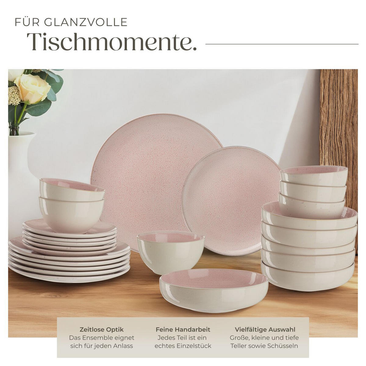 TAFELSERVICE Mare, ineinander stapelbar, rosa - Rosa, Keramik (26.5/2.5/26.5cm) - tectake