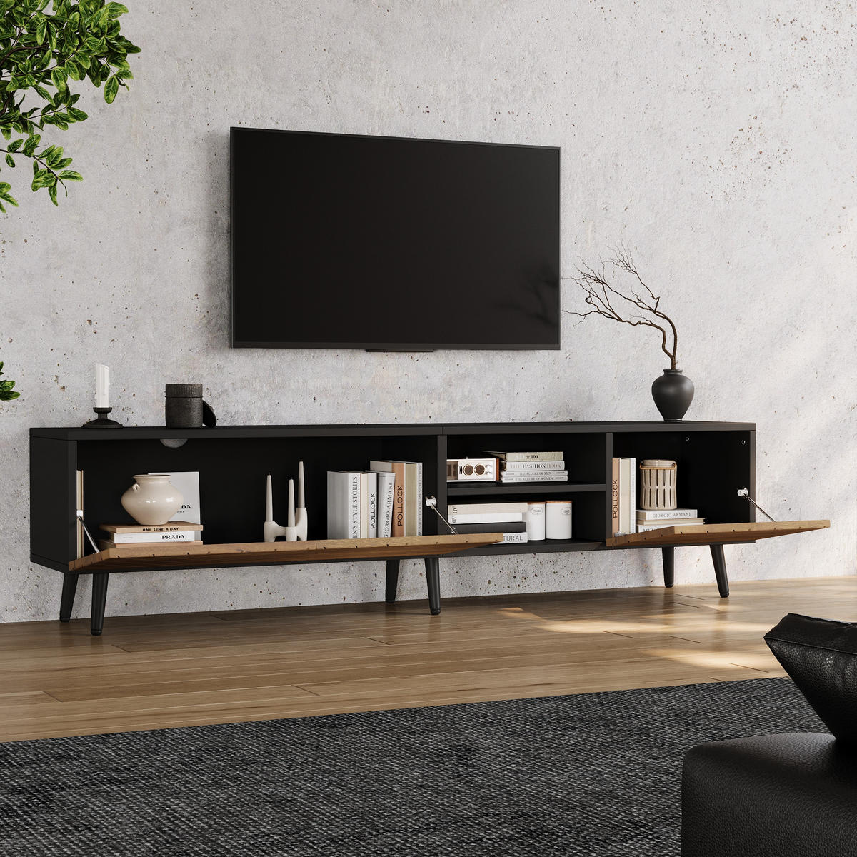 LOWBOARD TV-Schrank 180/33,5/45 cm für 75 Zoll Holzoptik Vintage mit Stauraum & Kabelmanagement - Naturfarben, Holzwerkstoff (180/45/33.5cm) - EVRYAE