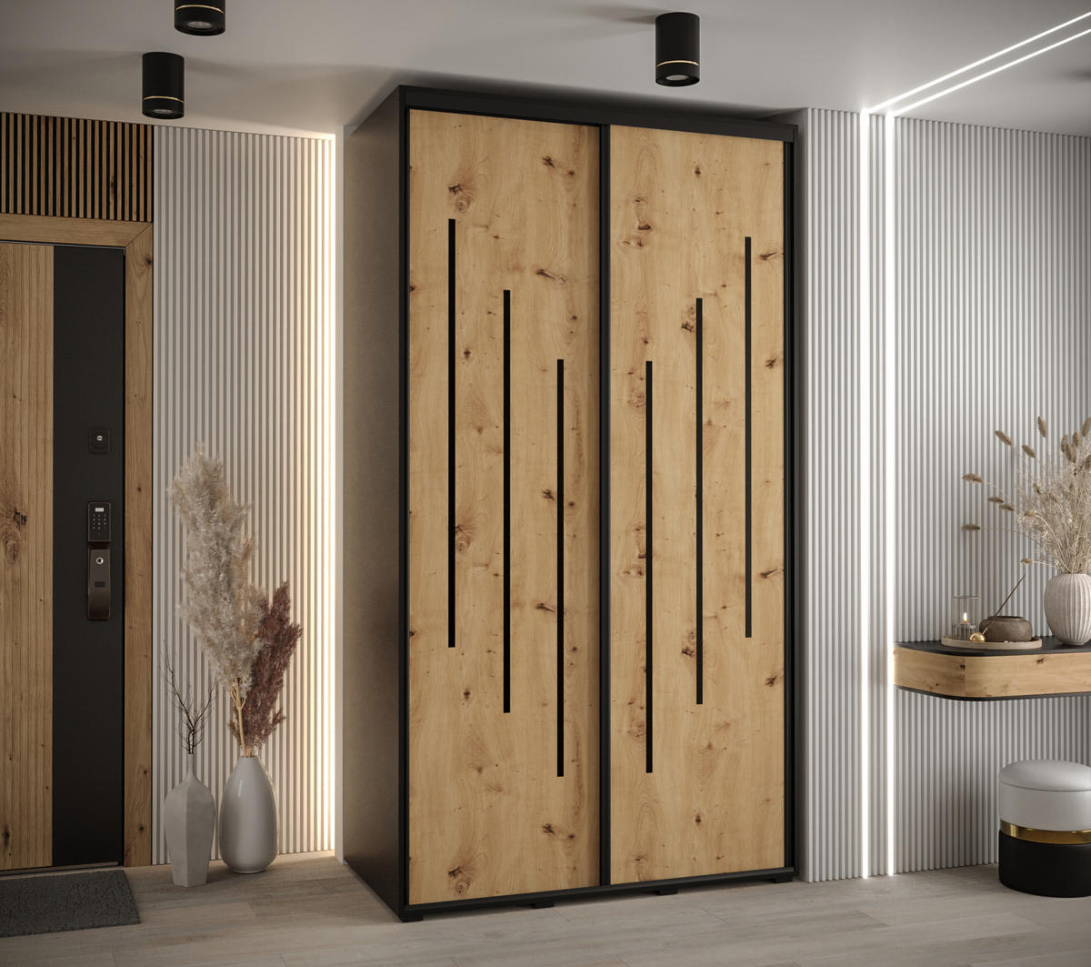 SCHWEBETÜRENSCHRANK 235,2/130/60 2-türig - Schwarz/Eiche Artisan, Holz/Metall (130/235/60cm) - Abiks Möbel