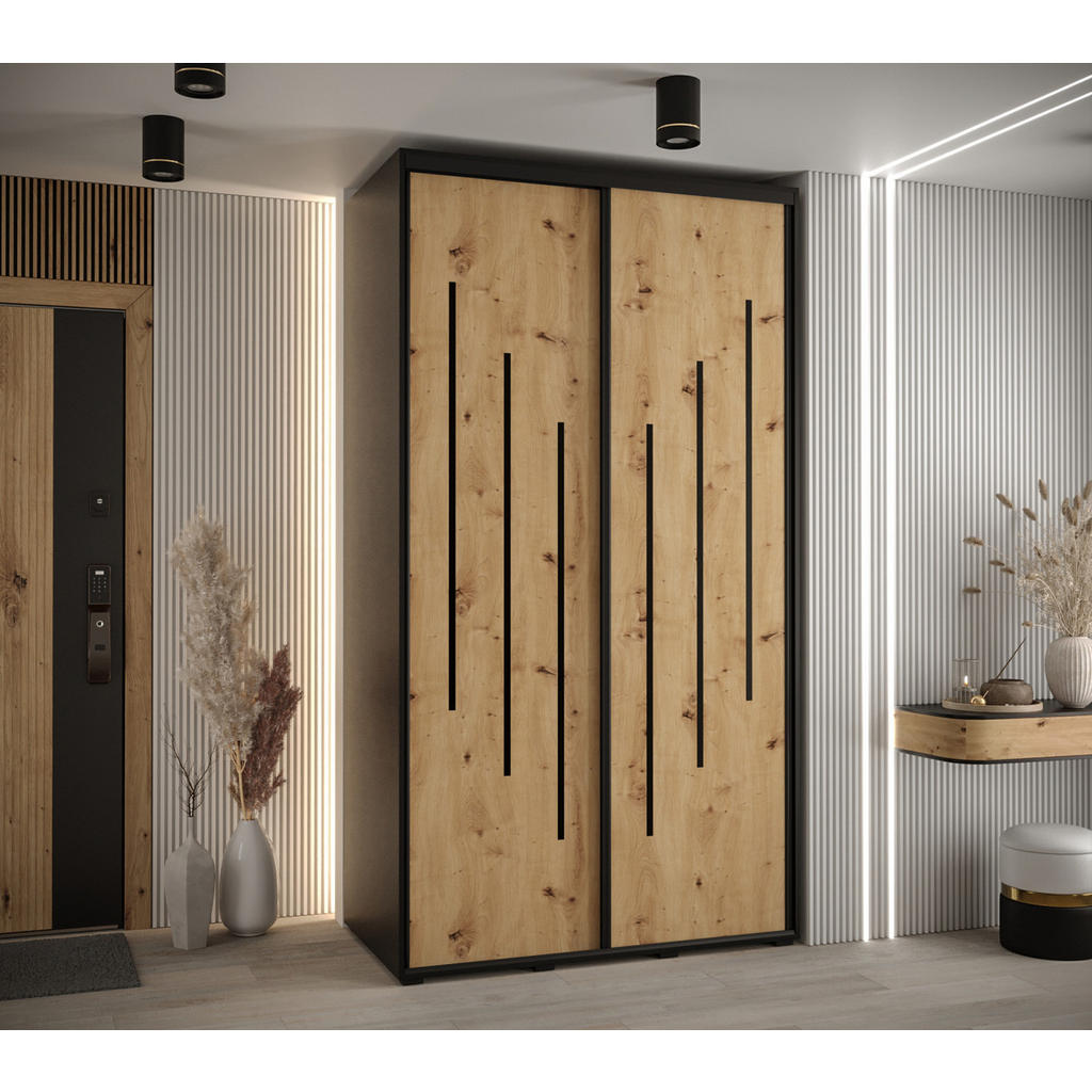 Thumbnail - Abiks Möbel Schwebetürenschrank, Schwarz, Eiche Artisan, Schwarz, Metall, Nachbildung, 6 Fächer, 140x235x60 cm, Schlafzi...