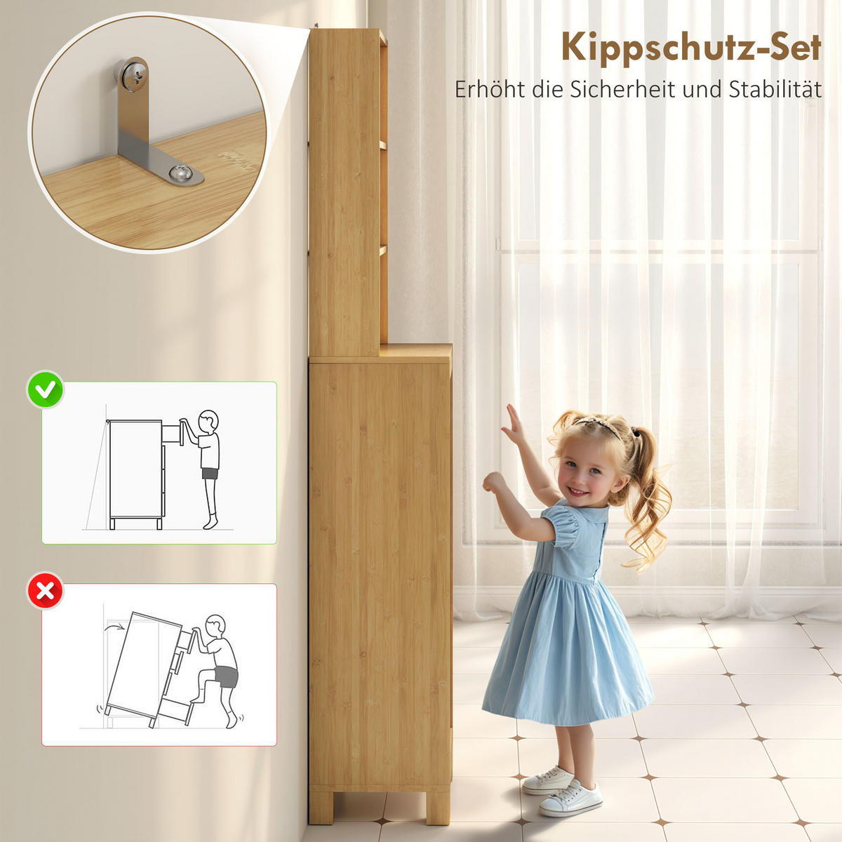 BADEZIMMERSCHRANK schmal, Hochschrank Toilettenschrank mit 3 offenen Regalen - Naturfarben, Naturmaterialien/Bambusholz (30/170/34cm) - HOMCOM