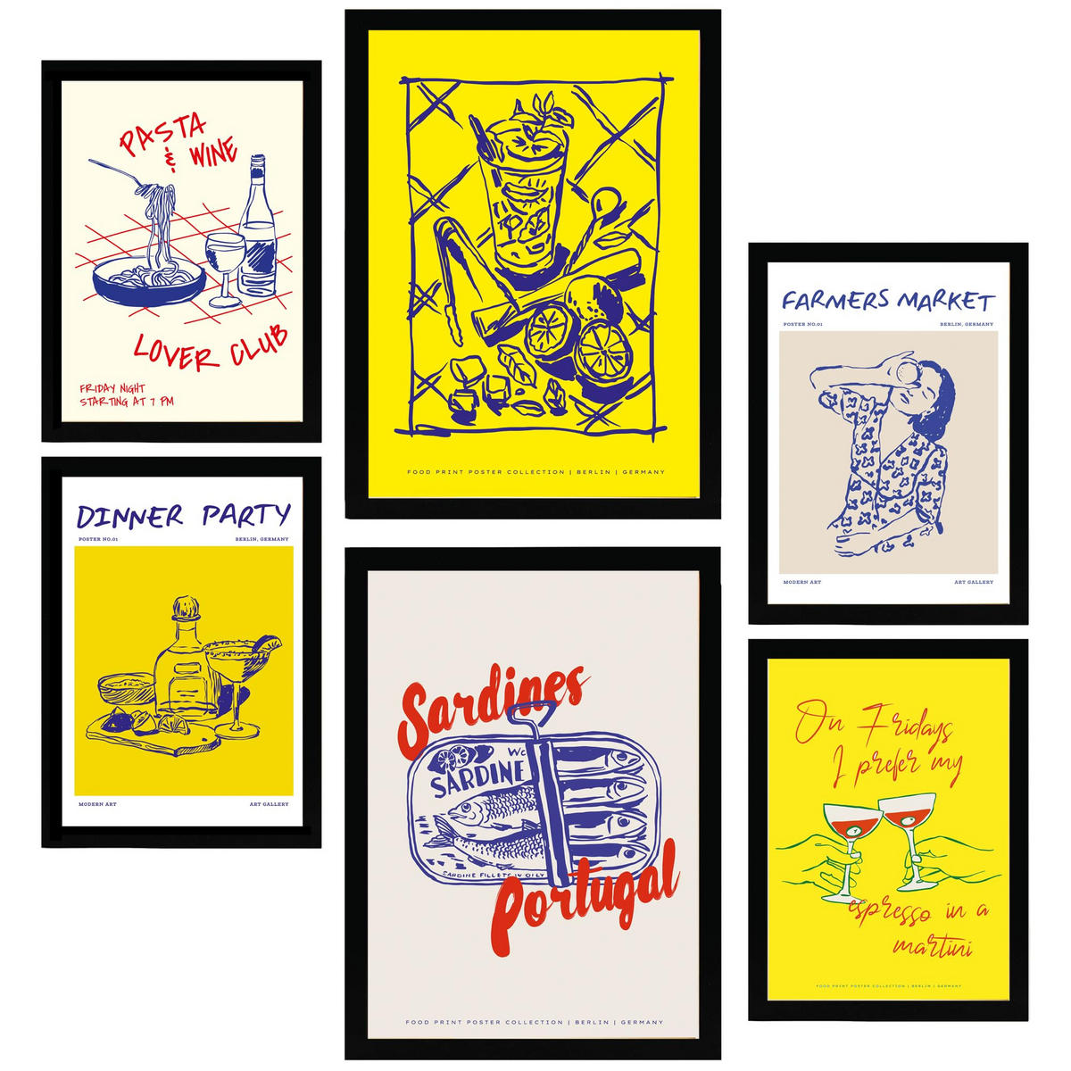POSTER Set Mit 6 Von Lebensmitteln & Essen Im Gelben Pop Art A3 & A4 Schwarzer Rahmen - Schwarz, Papier (29/3cm) - Nacnic