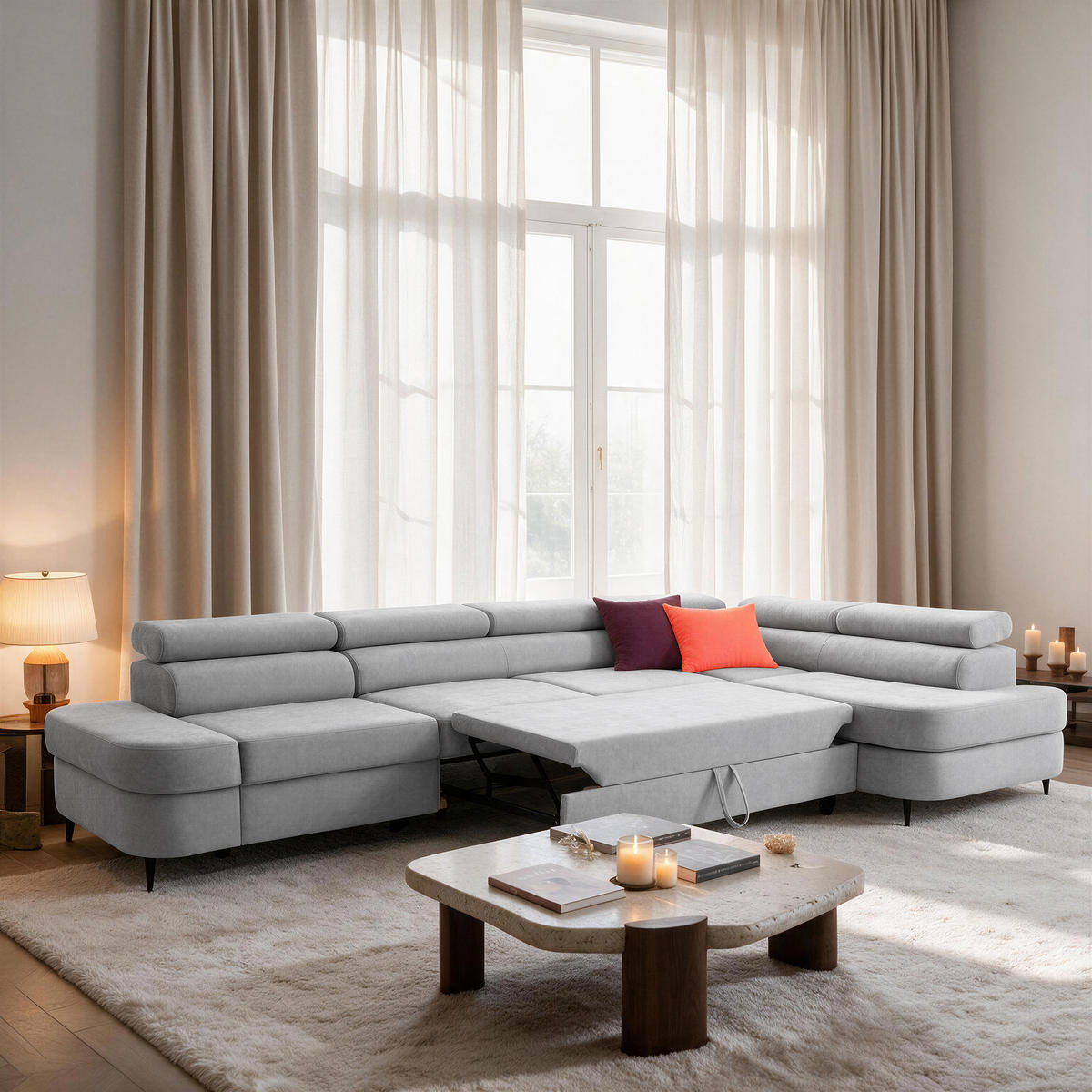 ECKSOFA PRIAM MAXI L-Form Rechts mit Schlaffunktion 125x195 Velours Hellgrau - Hellgrau/Schwarz, Holz/Textil (350/203cm) - Muffo