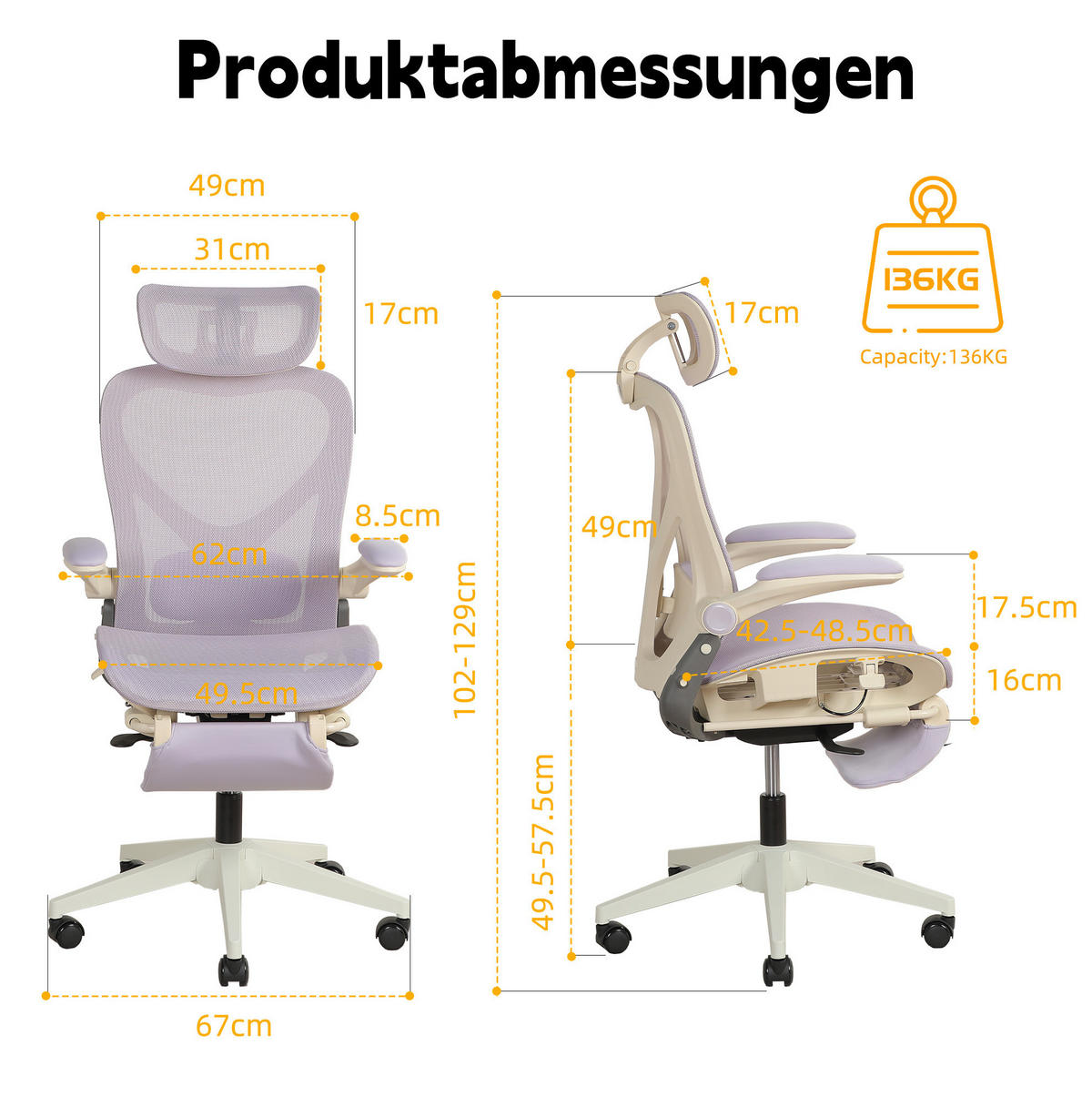 DREHSTUHL 67/67/129 cm klappbar mit 3D-Kopfstütze und Lordosenstütze purple aus Mesh - Lila, Textil (62/129/48.5cm) - OKWISH